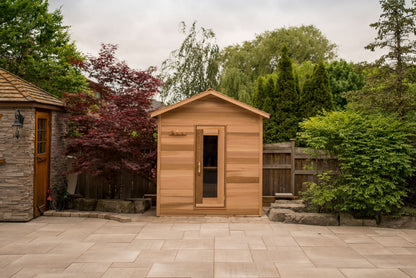 Cabin sauna in a garden setting